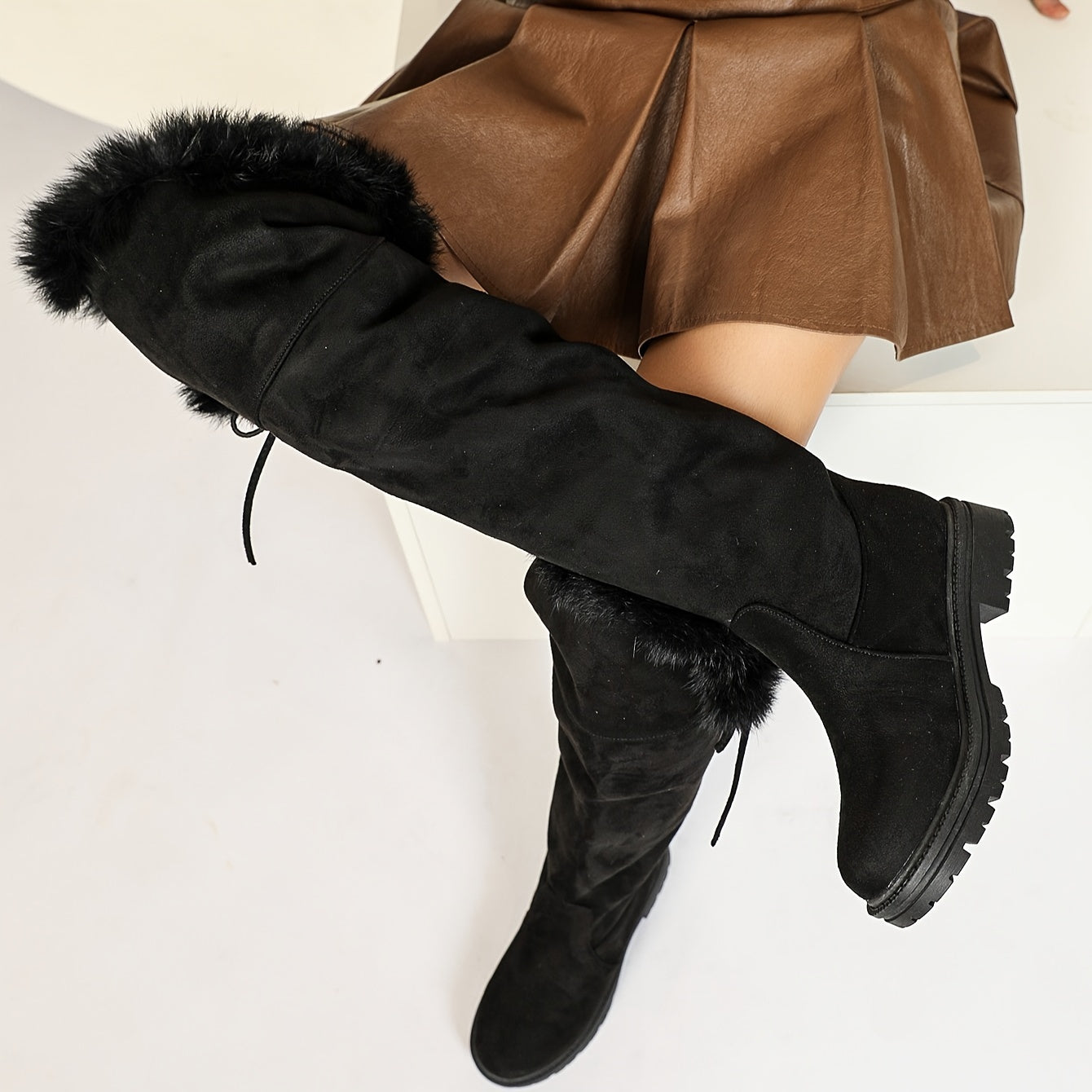 Women's Winter Boots Black Platform Heels Knee-High Slip-On Non-Slip Rubber Sole