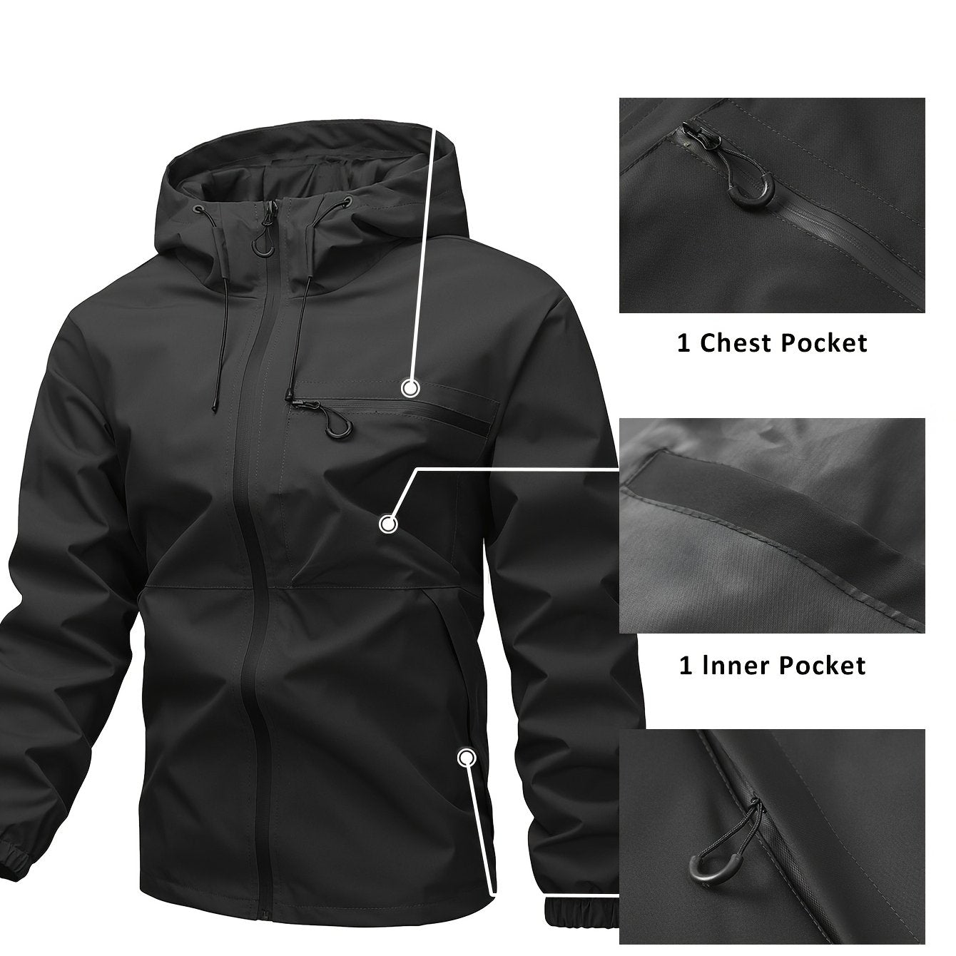 Men's Waterproof Windproof Hooded Jacket with Multi-Pockets Solid Color Outdoor Sports