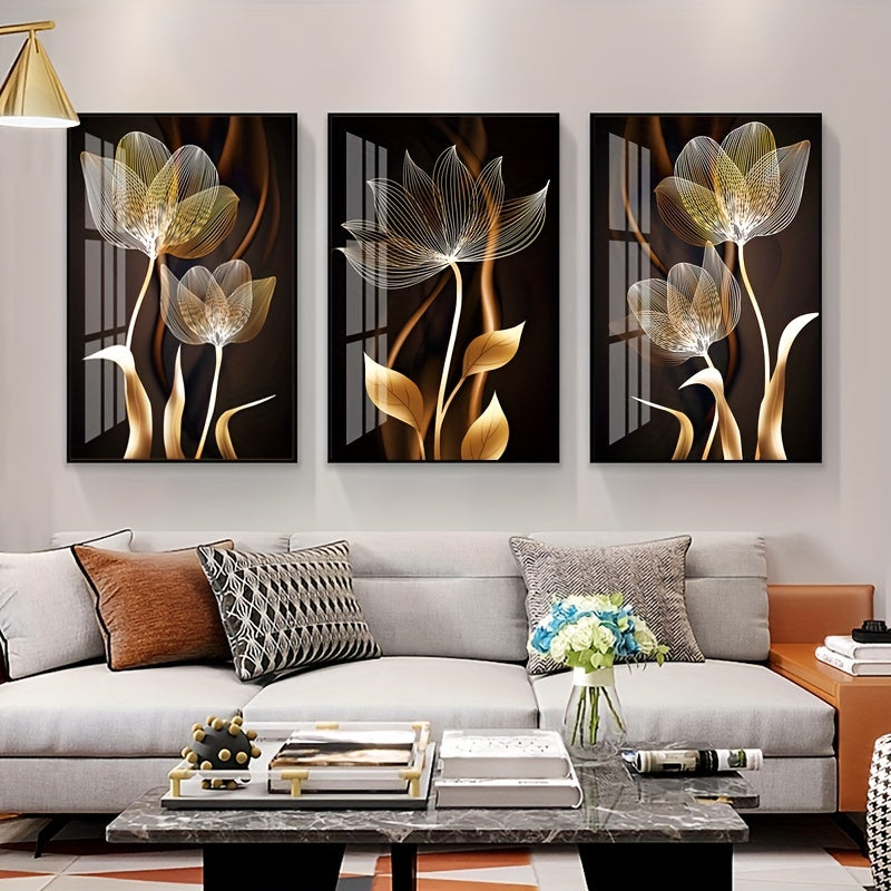 Set of 3 Black and Gold Flower Wall Art Posters Canvas Paintings for Living Room Decor 15.7x23.6 Inches