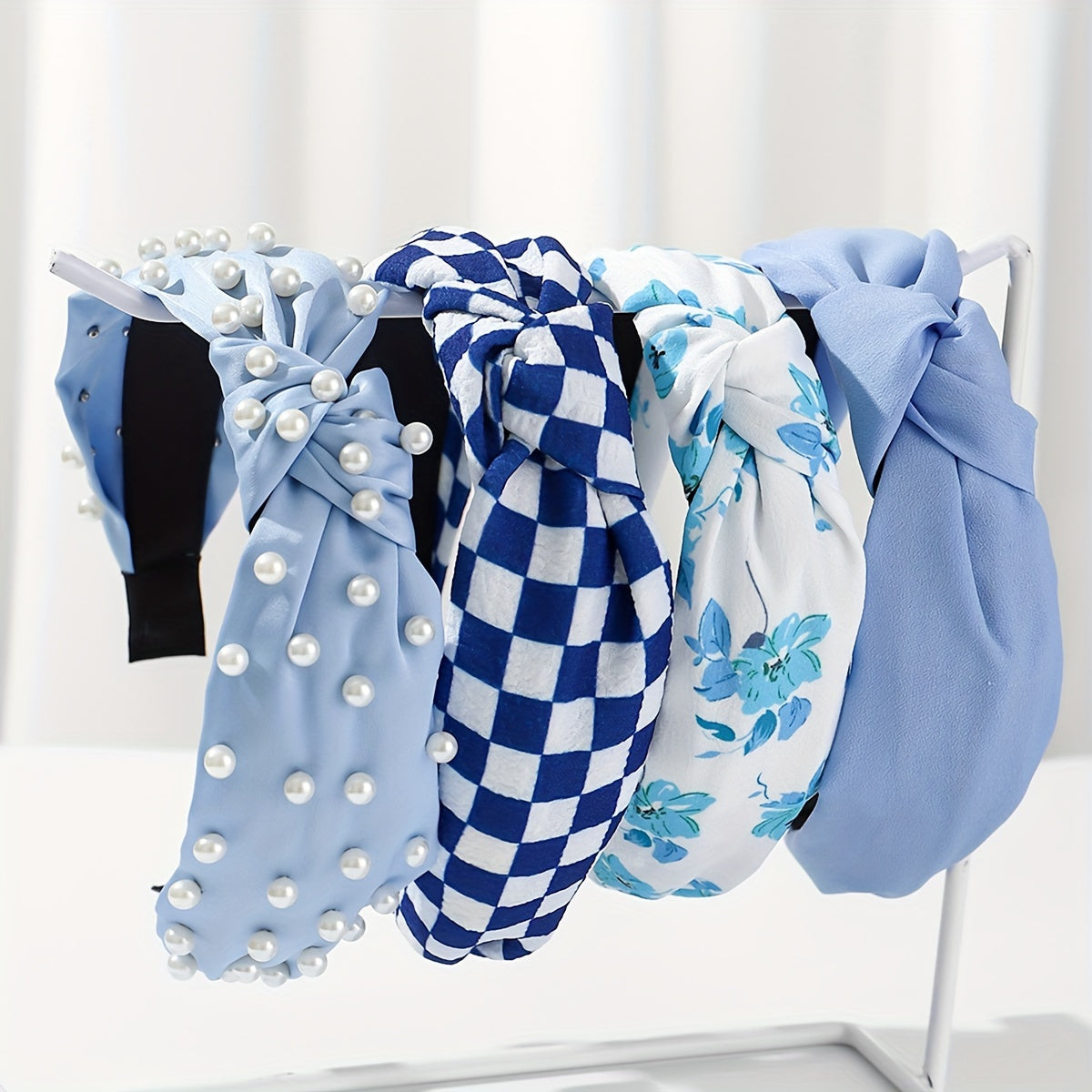 Set of 4 Women's Fabric Floral and Polka Dot Knotted Headbands with Faux Pearl Details