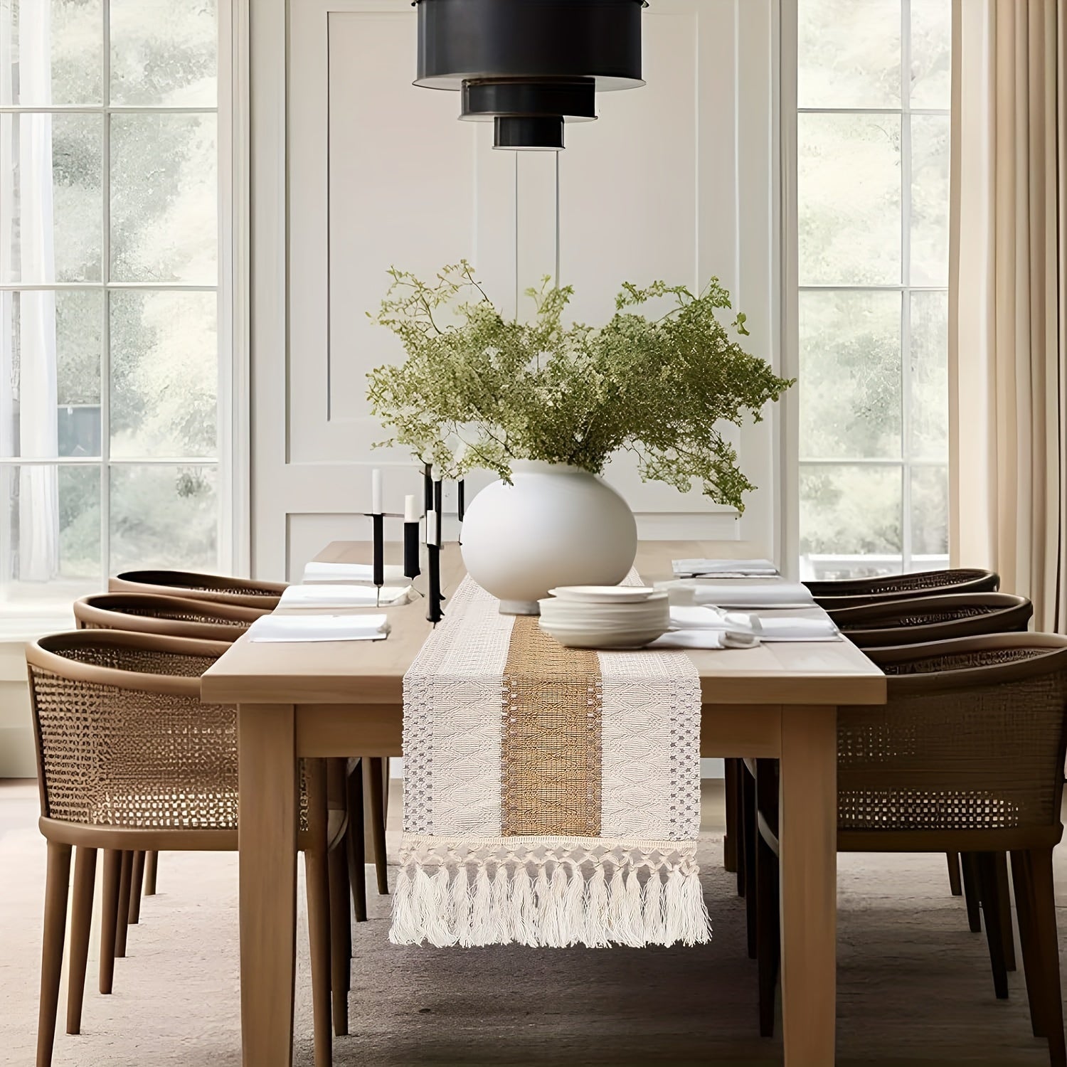 Linen Bohemian Chic Table Runner with Tassels for Weddings Dining and Home Decor