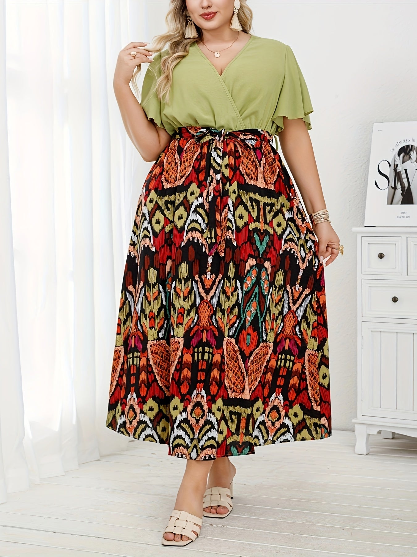 Plus Size Women's Ethnic Print Strappy Waist Dress Summer Fashion