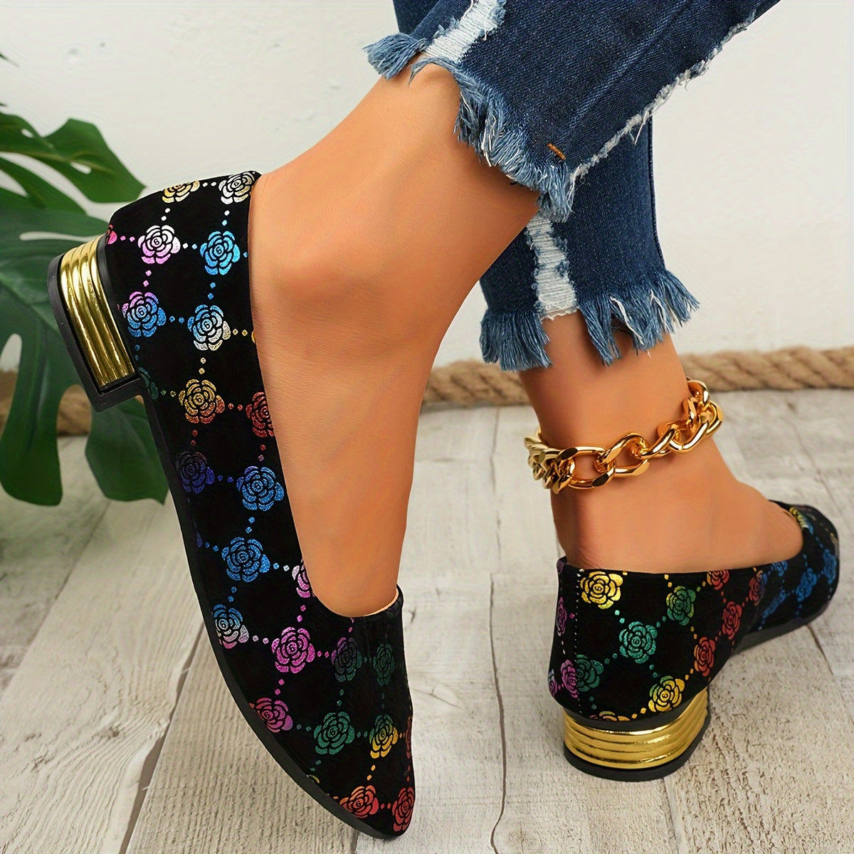 Women's Floral Pattern Mary Jane Flats Slip-On Pointed Toe Lightweight Shoes