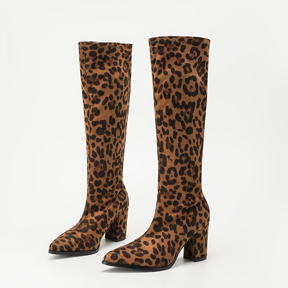 Plus-Size Leopard Print Knee-High Boots Women Faux Leather Block Heel Slip-On