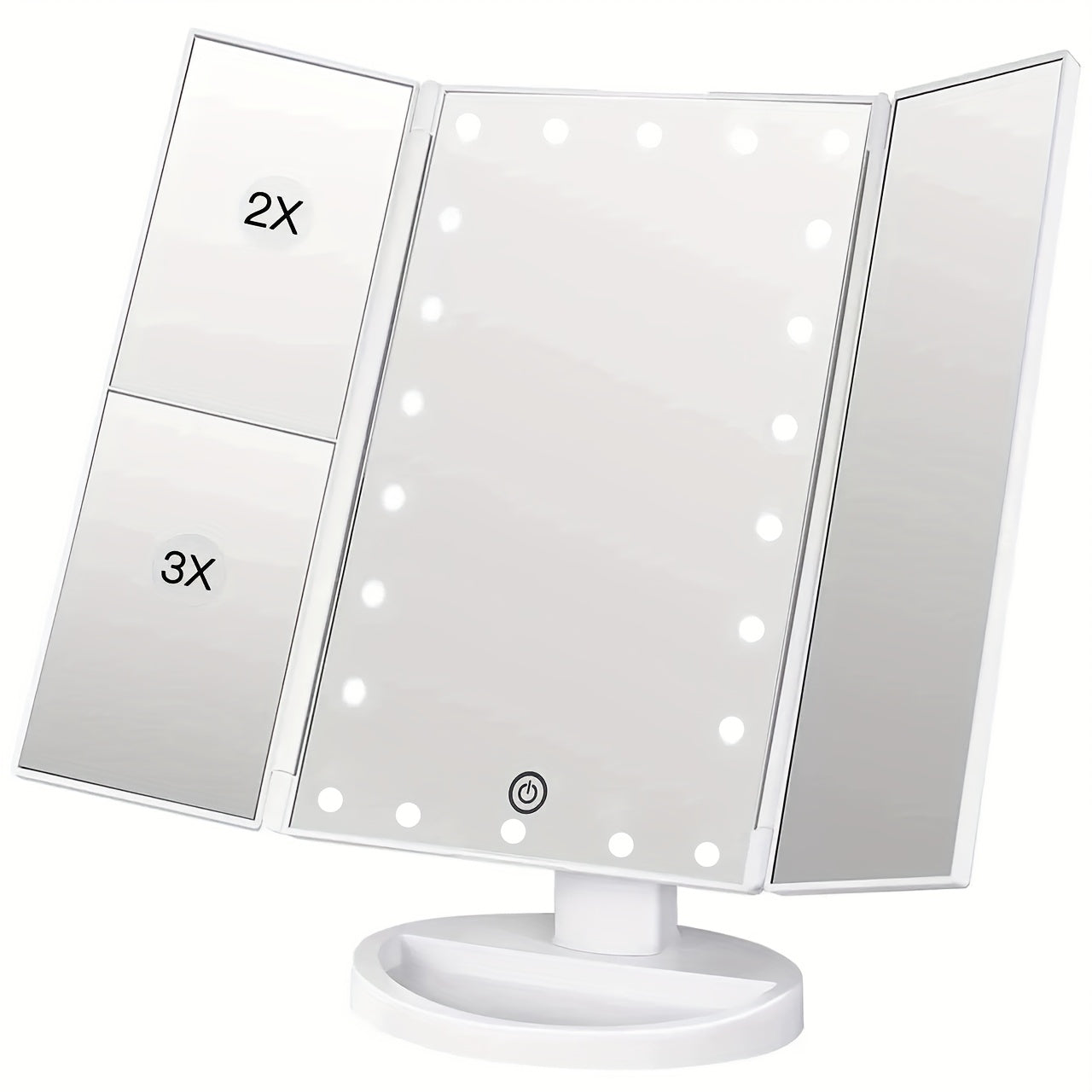 LED Lighted Vanity Makeup Mirror with 2X and 3X Magnification, Touch Control, Trifold Design, Dual Power USB Battery