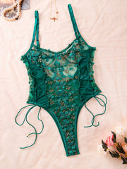 Women's Floral Lace Teddy and Mesh Backless Thong Lingerie