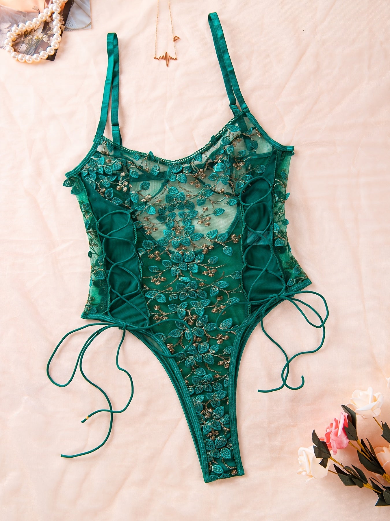 Women's Floral Lace Teddy and Mesh Backless Thong Lingerie