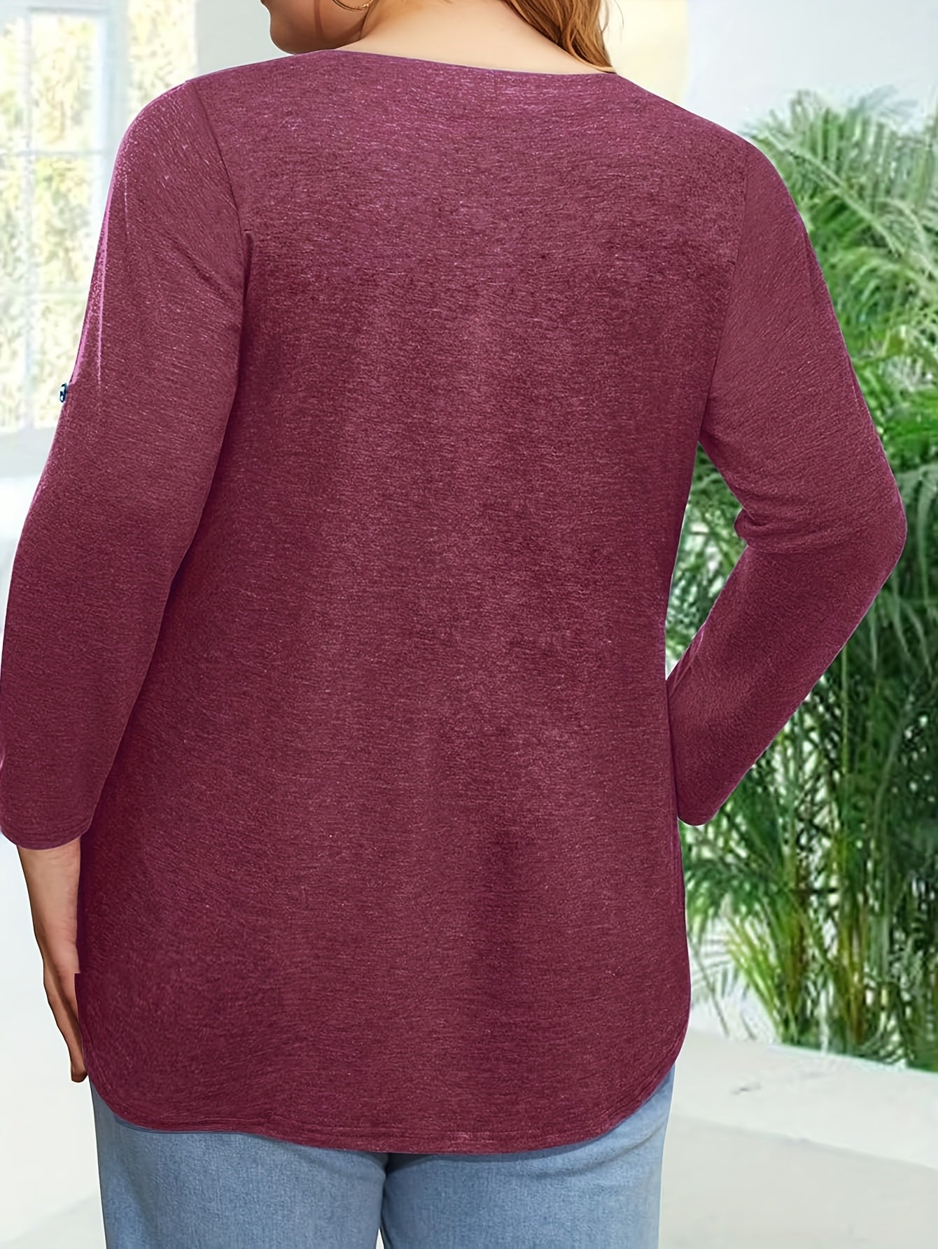 Plus Size Women's V-Neck Blouse 3/4 Sleeve Solid Color Casual Top
