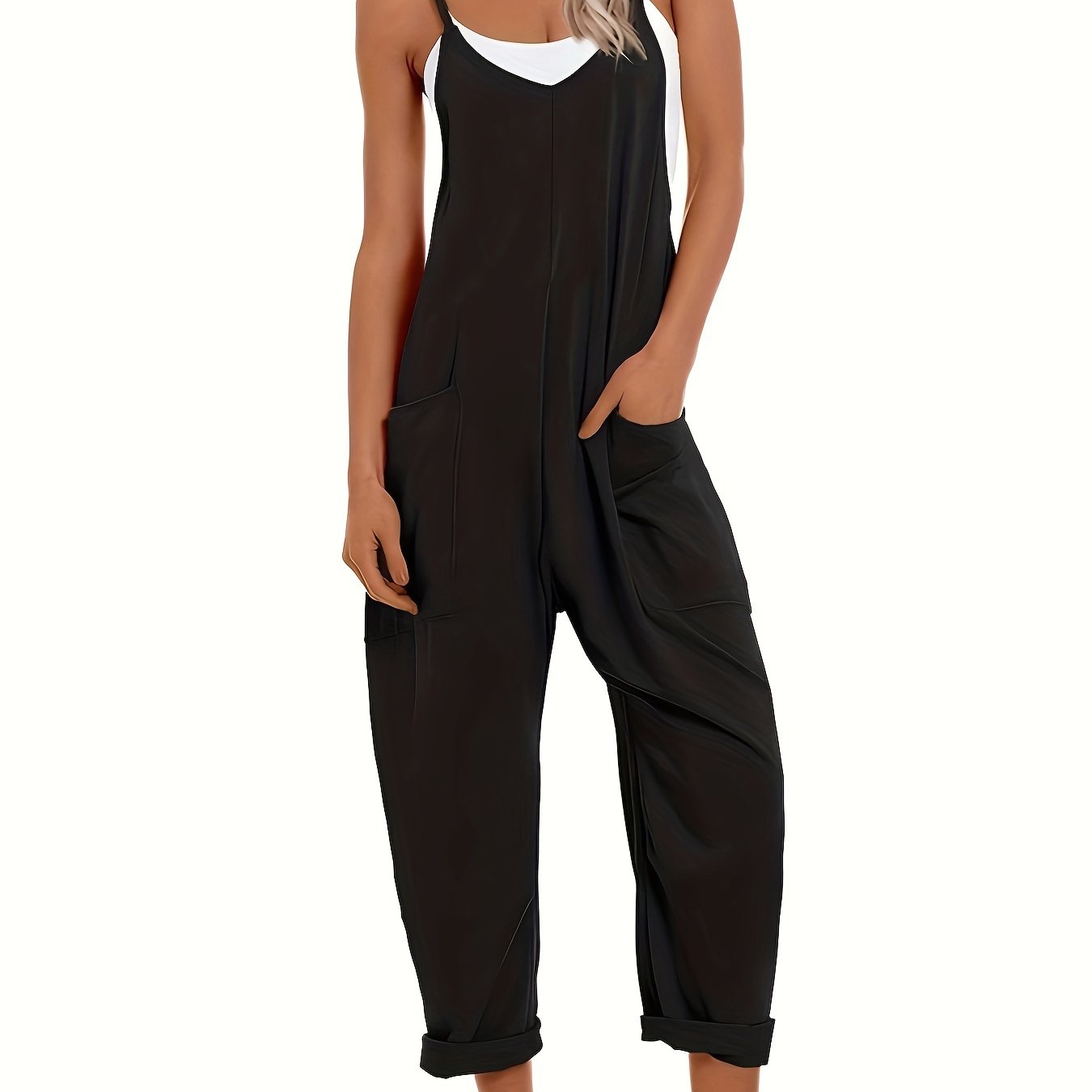 Mono sin mangas de talla grande con cuello en V y estilo casual para mujer