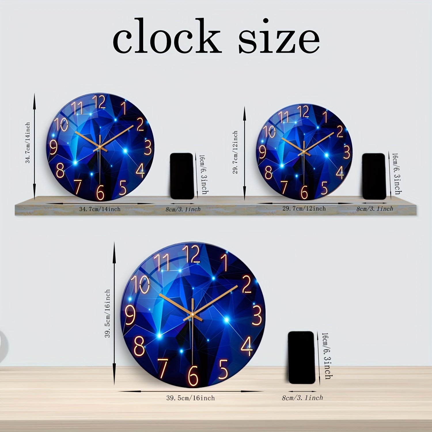 12"/14" Silent Wall Clock with Dark Blue Geometric Design. Made with 4mm Tempered Glass and Japanese Quartz Movement. Perfect for indoor and outdoor decor. Great gift option (Battery not included).
