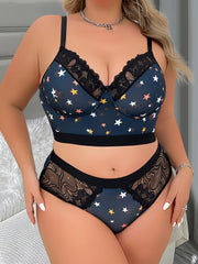 Women's Plus Size Lingerie Set Star Print Lace Bra and Panty 2 Piece