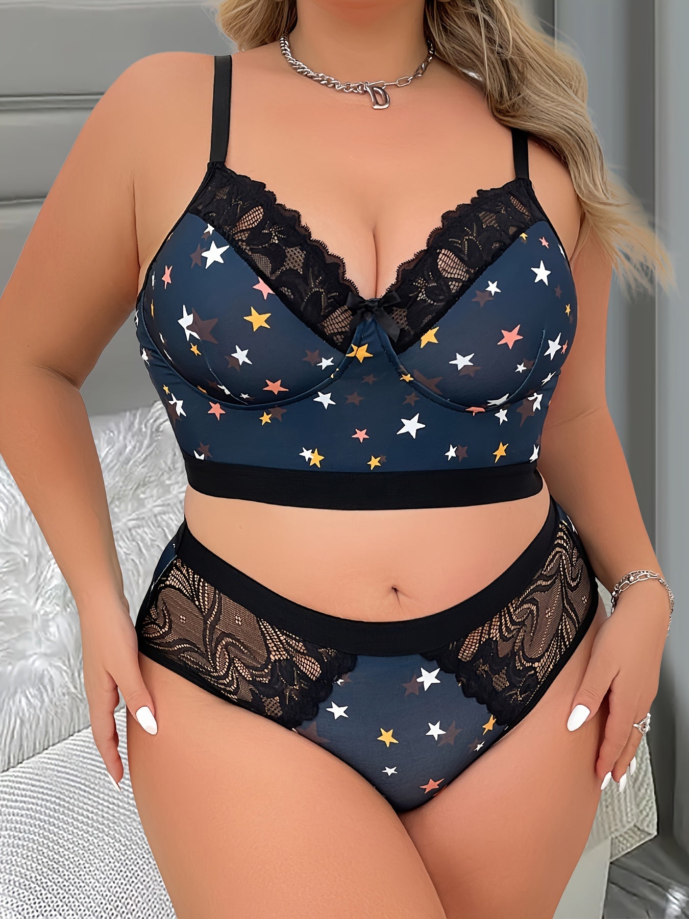 Women's Plus Size Lingerie Set Star Print Lace Bra and Panty 2 Piece