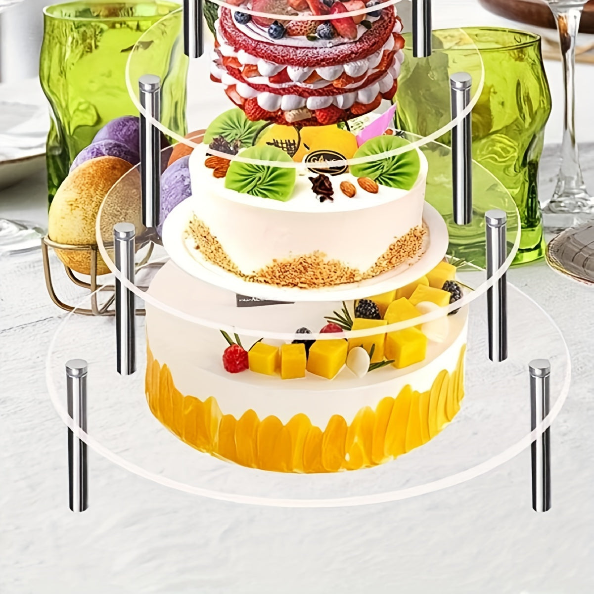 Transparent Acrylic 3-Tier Cake Stand with Metal Poles for Weddings and Parties