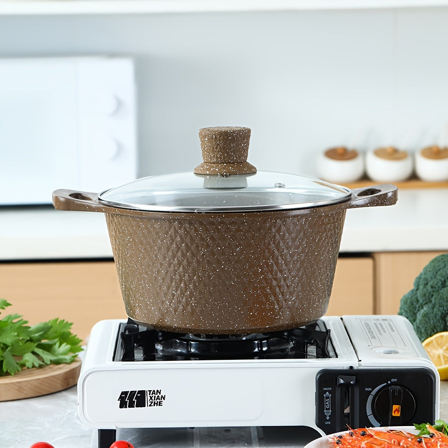 Ko'p funksiyali oshxona anjomlari to'plami, ichida sho'rva qozoni, yopishqoq bo'lmagan qovurish panasi, qaynatish qozoni va qovurish panasi mavjud, zamonaviy qahva rangida, ochiq olov yoki gaz pechlarida ishlatish uchun mos.