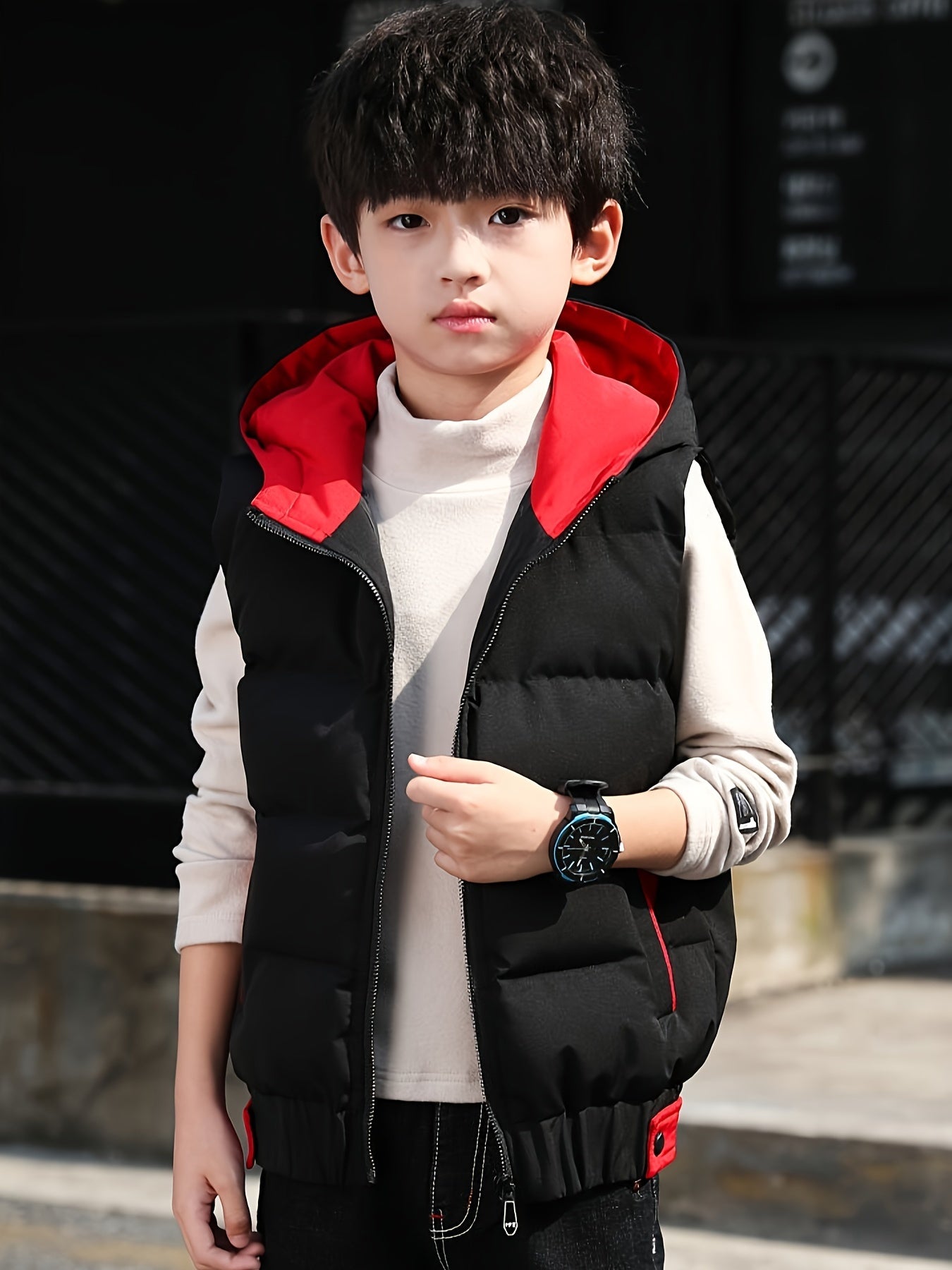 Boys Puffer Vest Hooded Zip-Up Color Block Fall Winter Casual Kids Over 3 Years