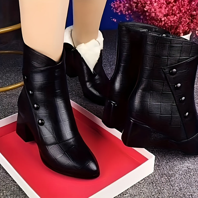 Women's Winter Ankle Boots Chunky Mid-Heel Black PU Lace-Up