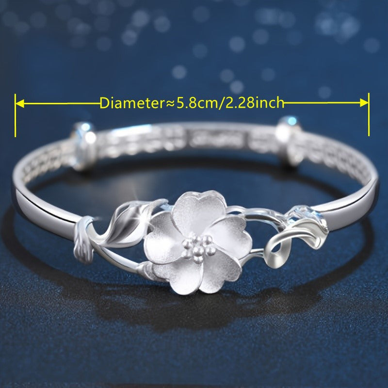 Pulsera ajustable de plata de ley con forma de flor estilo retro para regalar