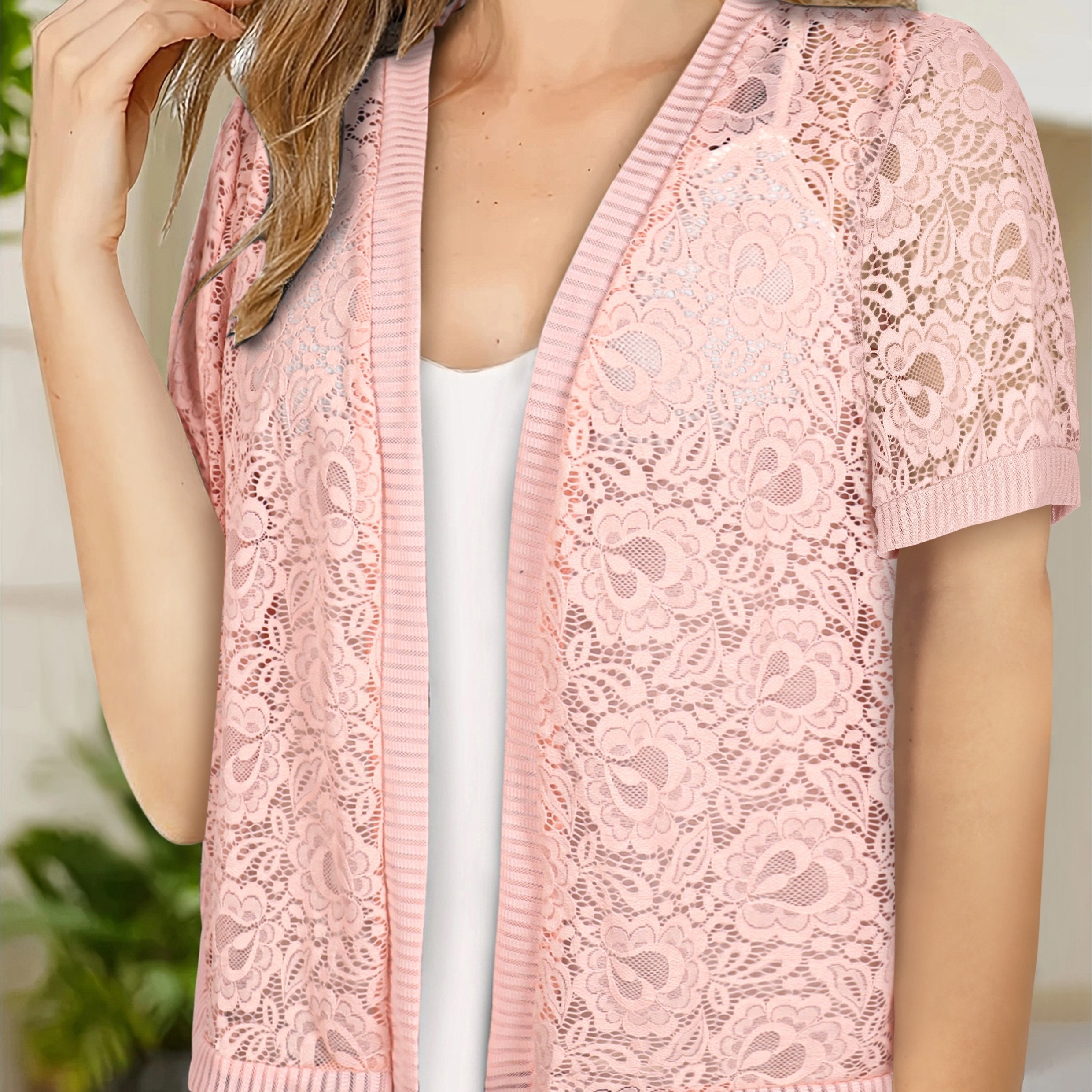 Women's Large Lace Floral Open Shirt Short Sleeve Elegant Top