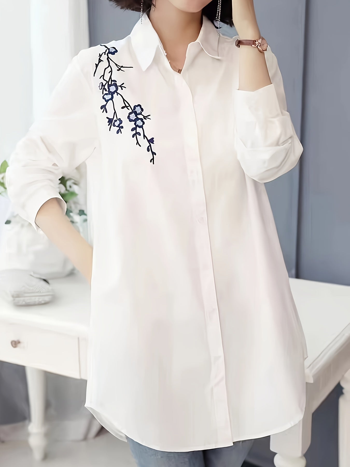 Women's White Polyester Blouse with Floral Embroidered Design for Spring Summer Fall