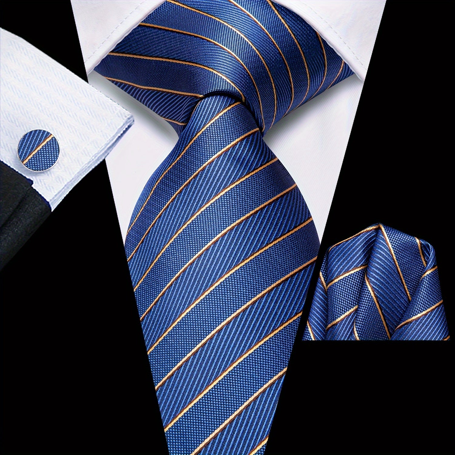 Men's Classic Striped Necktie Set with Cufflinks for Business and Party