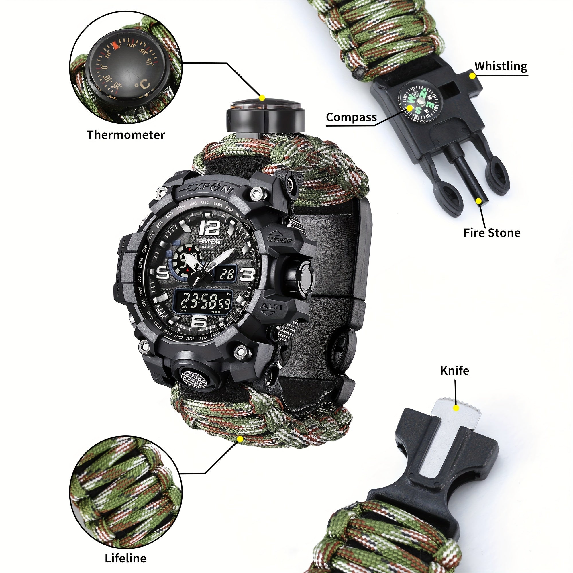 Men Women Digital Sports Watch with Dual Display Quartz Movement Compass Humidity Stopwatch