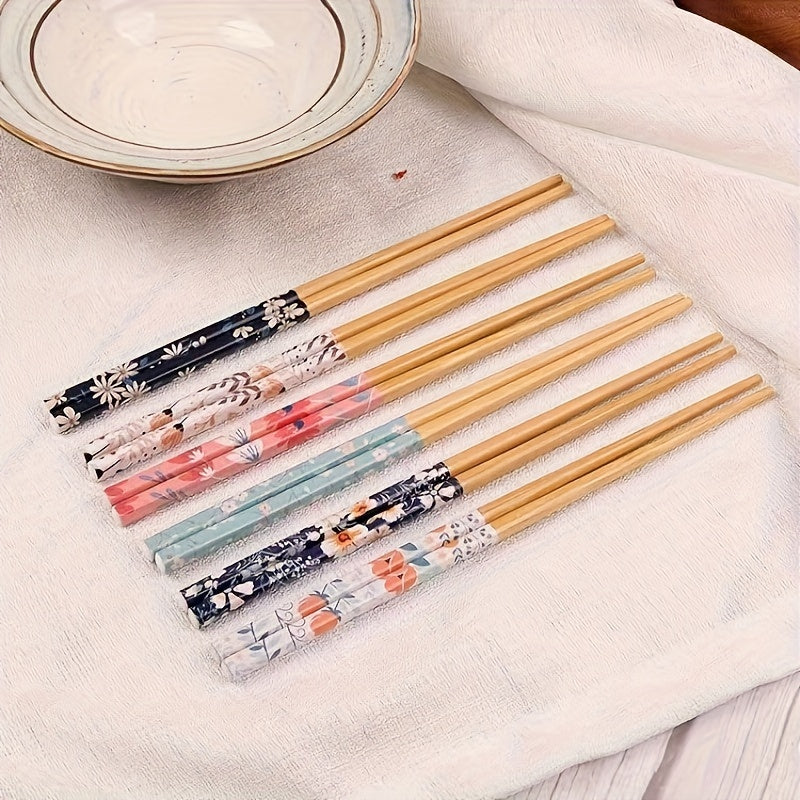 Juego de 5 palillos de bambú reutilizables con diseño floral para fideos y sushi en varios colores