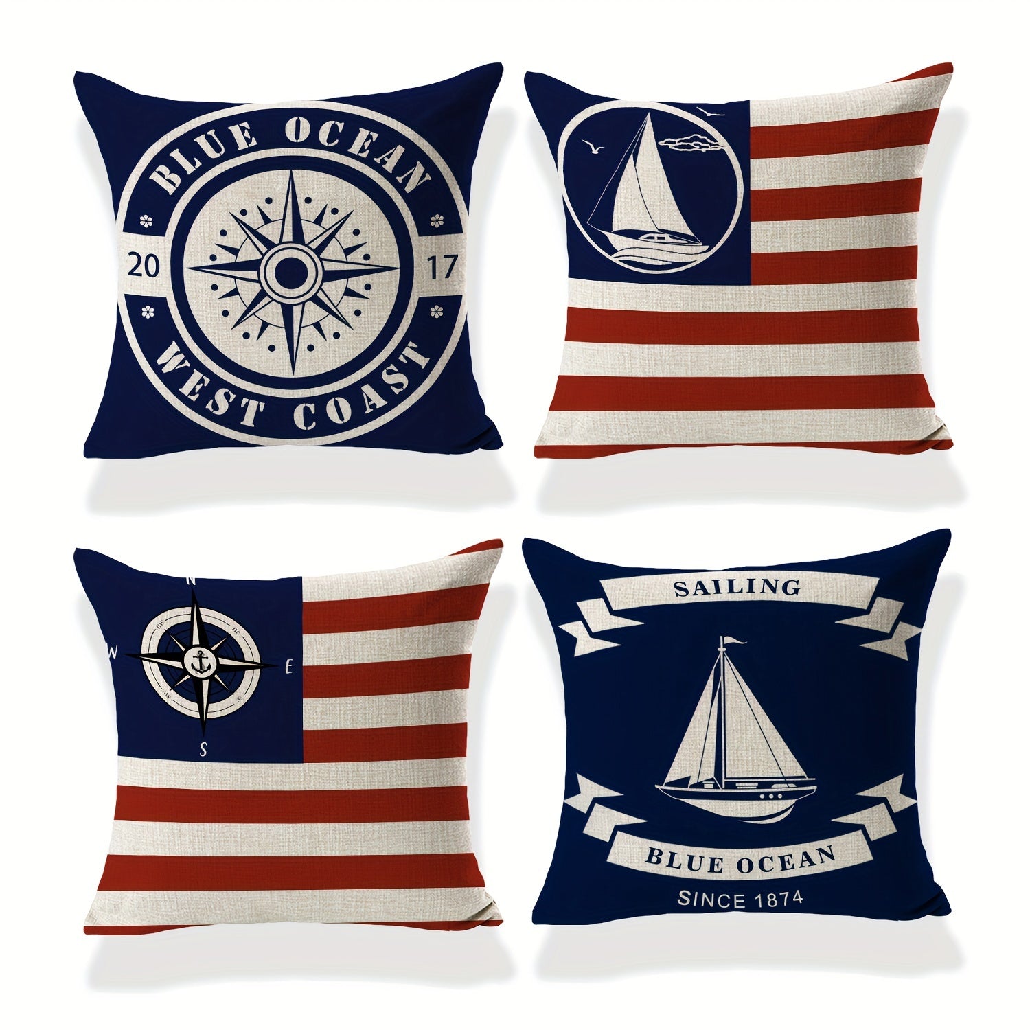 Set of 4 Nautical Polyester Linen Pillowcases Blue Sailboats Anchors Compasses 18x18 Inches