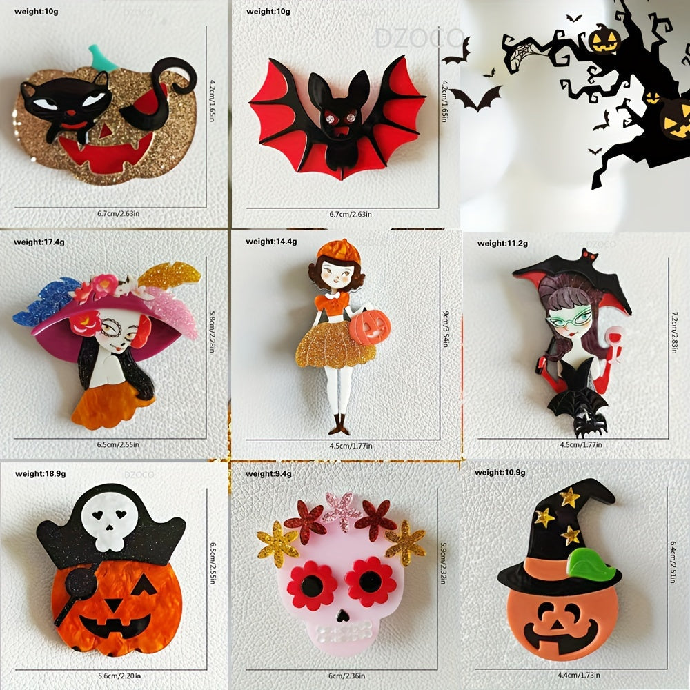 Retro Punk Acrylic Brooch Pins Halloween Icons Pumpkins Skeletons Bats Quirky Cartoon