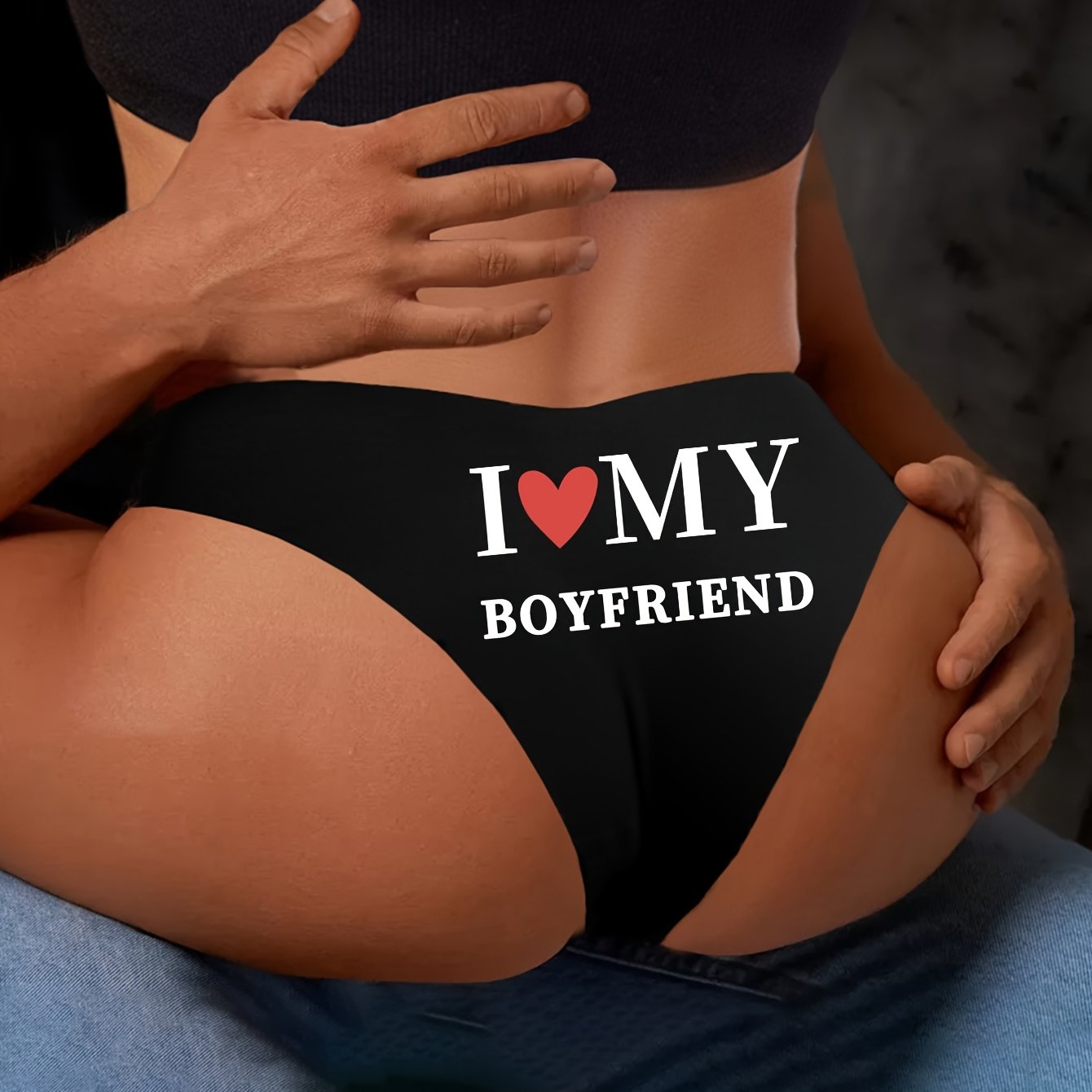 Women's Stretchy Lace Thong with "I Love My Boyfriend" Text for Valentine's Day