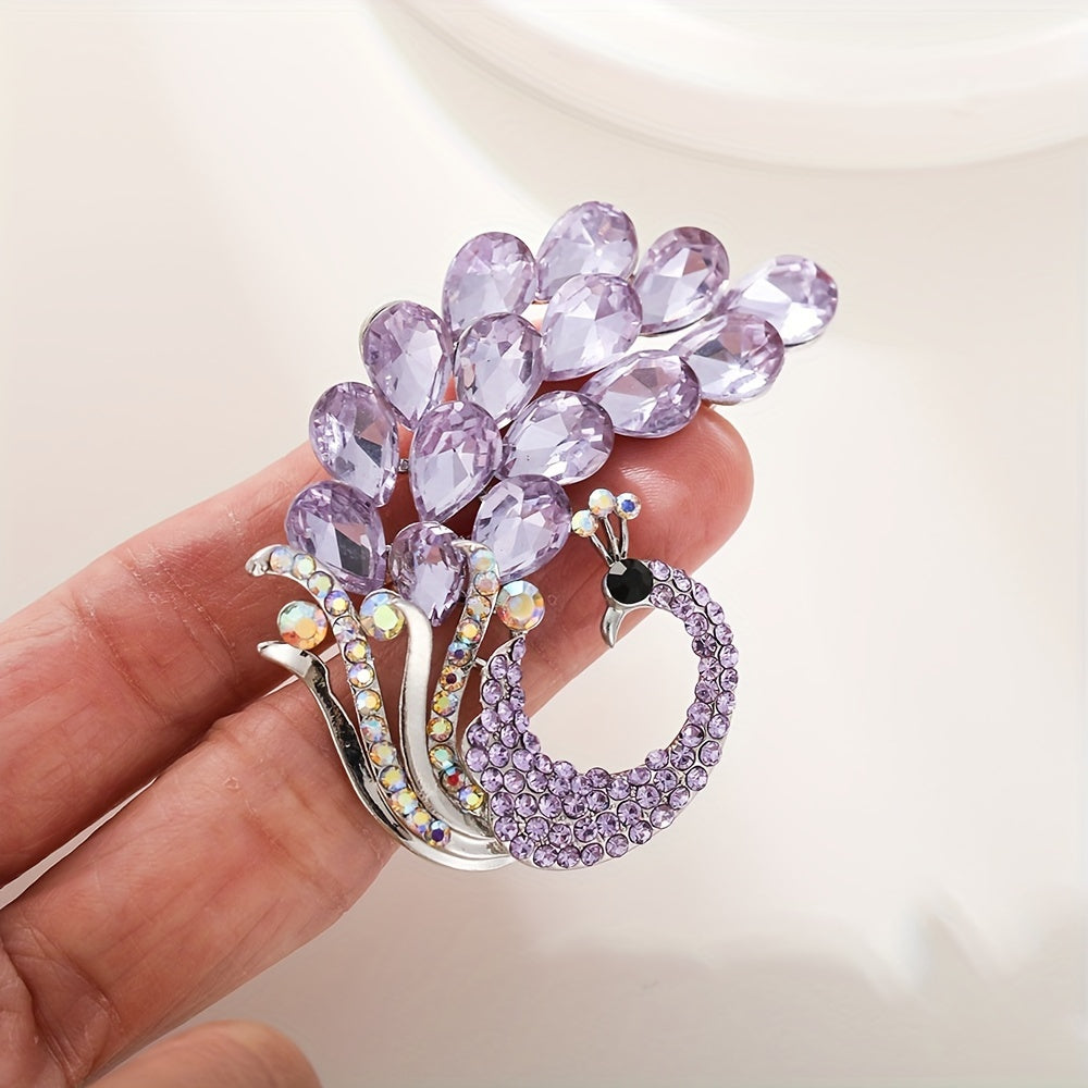 Purple Crystal Brooch Pin with Peacock Design Rhinestones for Women