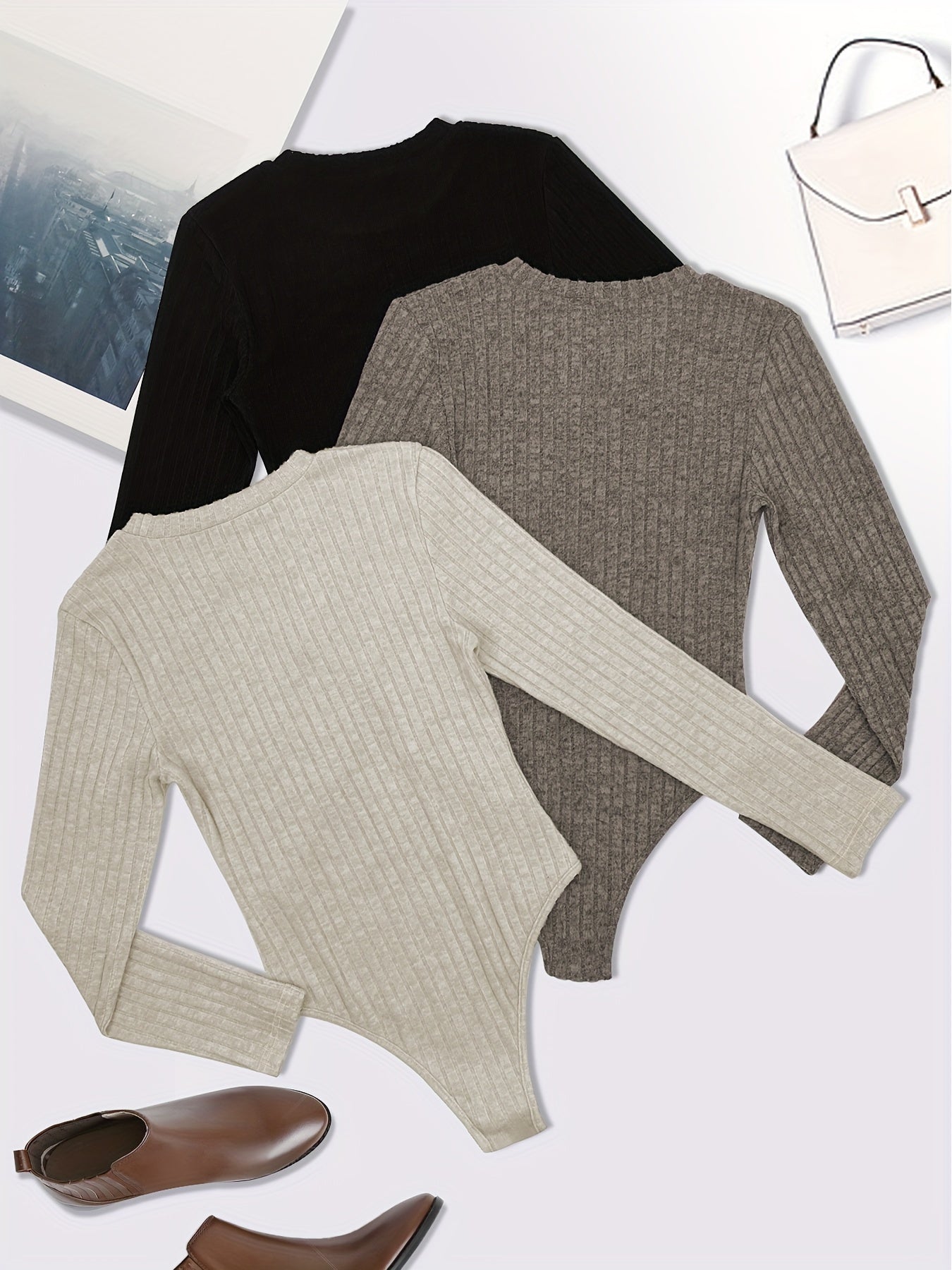 Women's Plus Size Ribbed Long Sleeve Bodysuit 3 Pack Solid Black White Navy