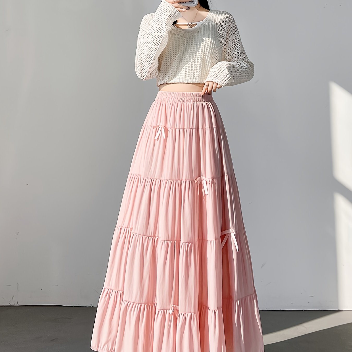 Women's Pastel Pink Tiered Midi Skirt High-Waisted Flowy A-Line