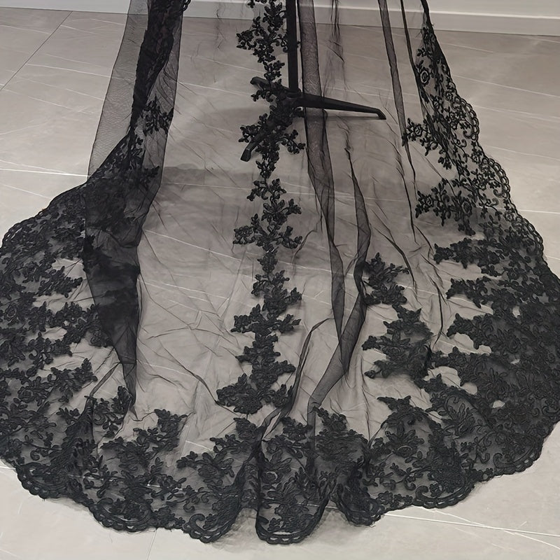 Black Lace Edge Head Veil with Hair Comb Bridal Wedding Accessory