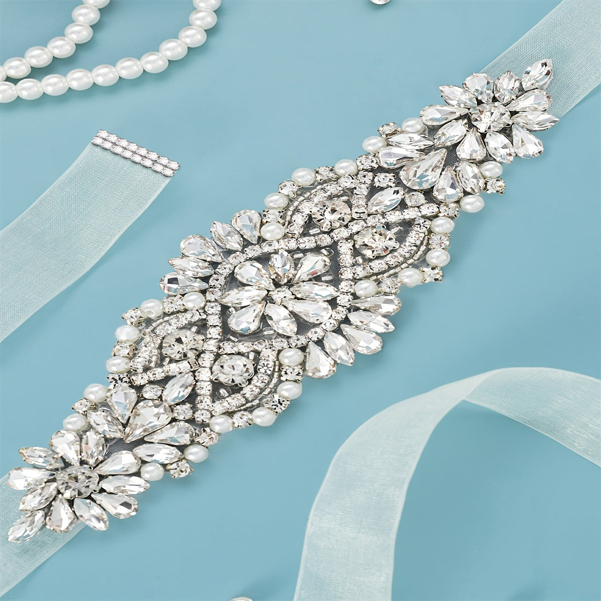 Handcrafted Rhinestone Bridal Belt Waist Chain Sash with Faux Pearl Beads Wedding Dress Accessory