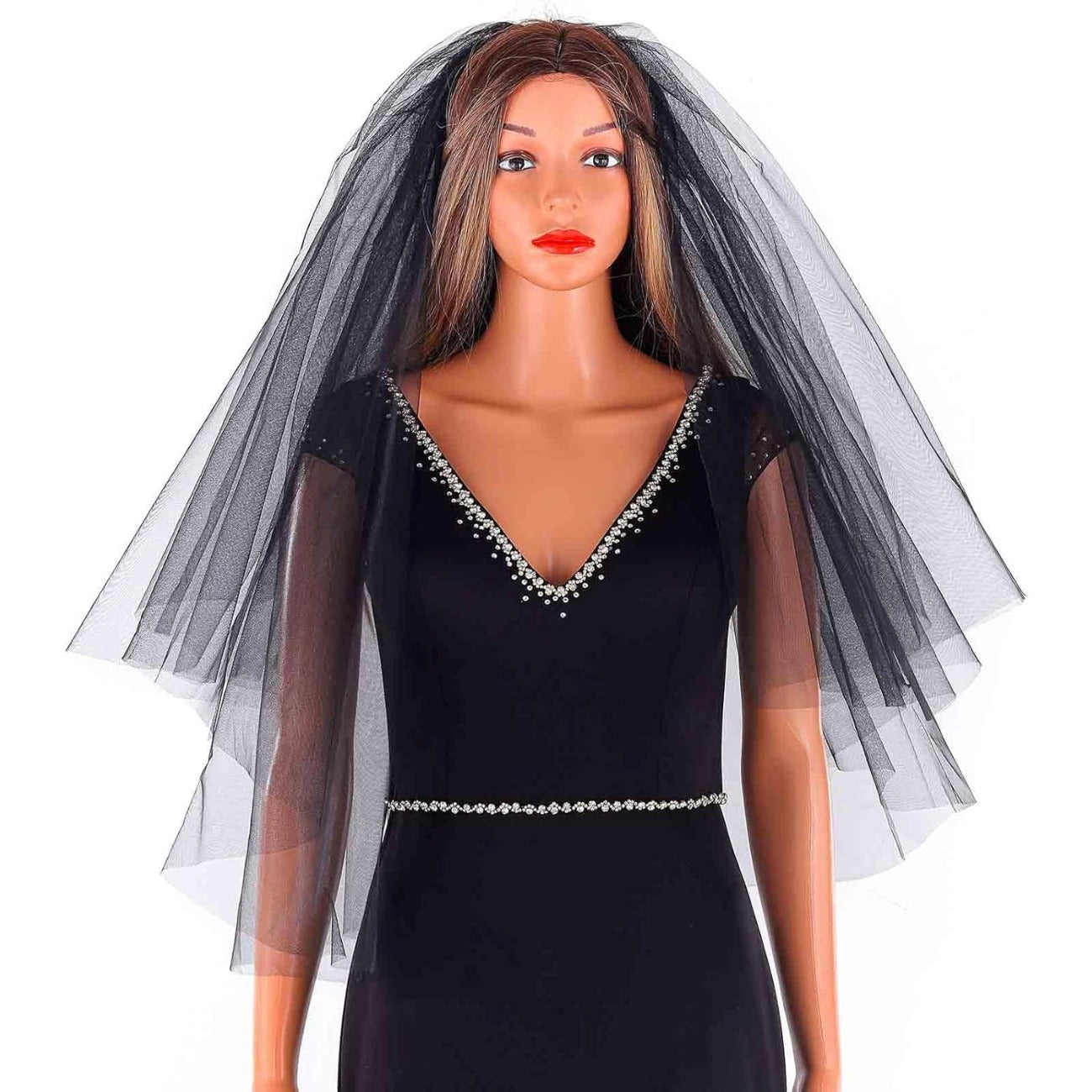 Black Lace Bridal Veil with Comb Fingertip and Long Length for Weddings and Occasions