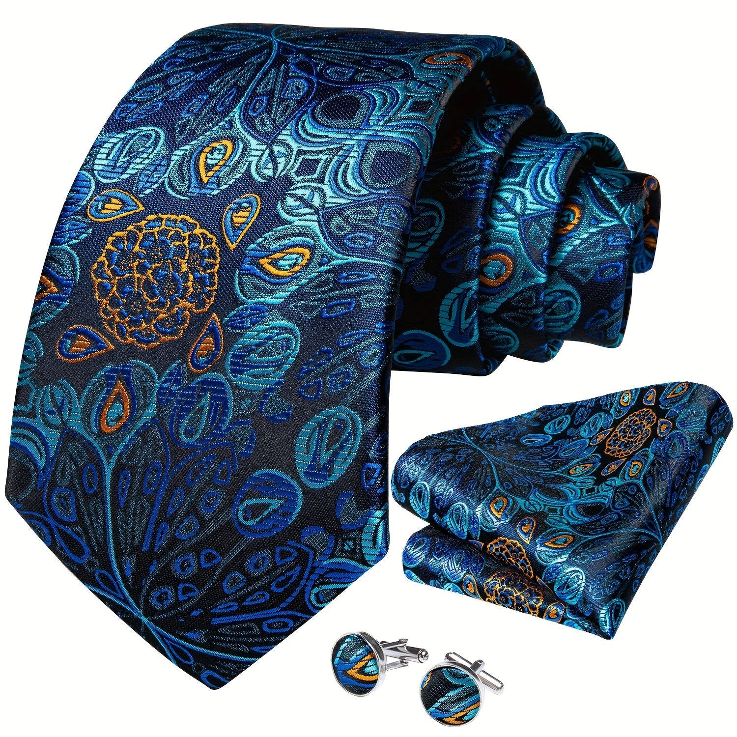 Men's Blue Paisley Striped Tie Handkerchief Cufflinks Wedding Accessories Set