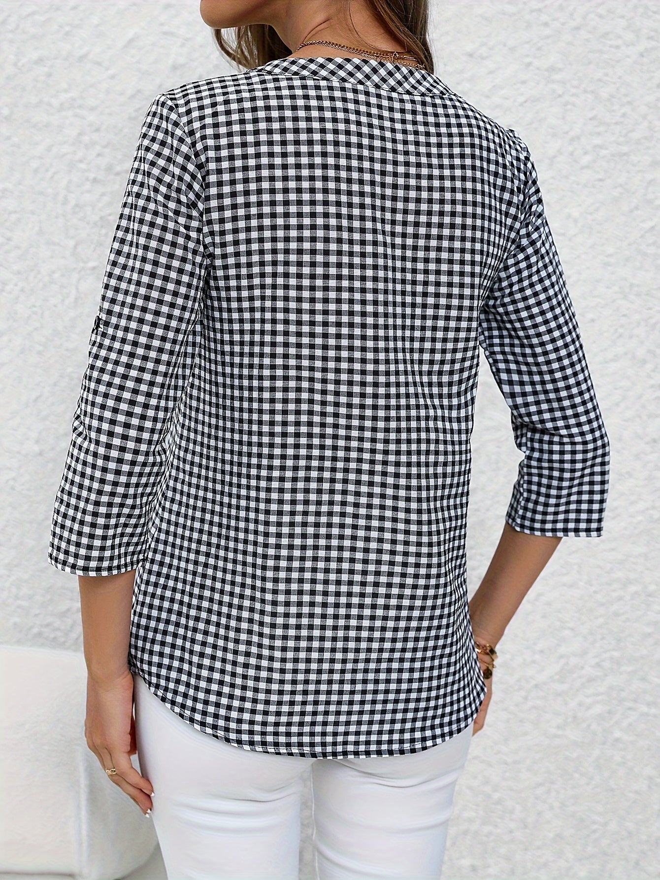 Women's Yellow and White Plaid Button-Up Shirt with V-Neck Long Sleeves Polyester Casual