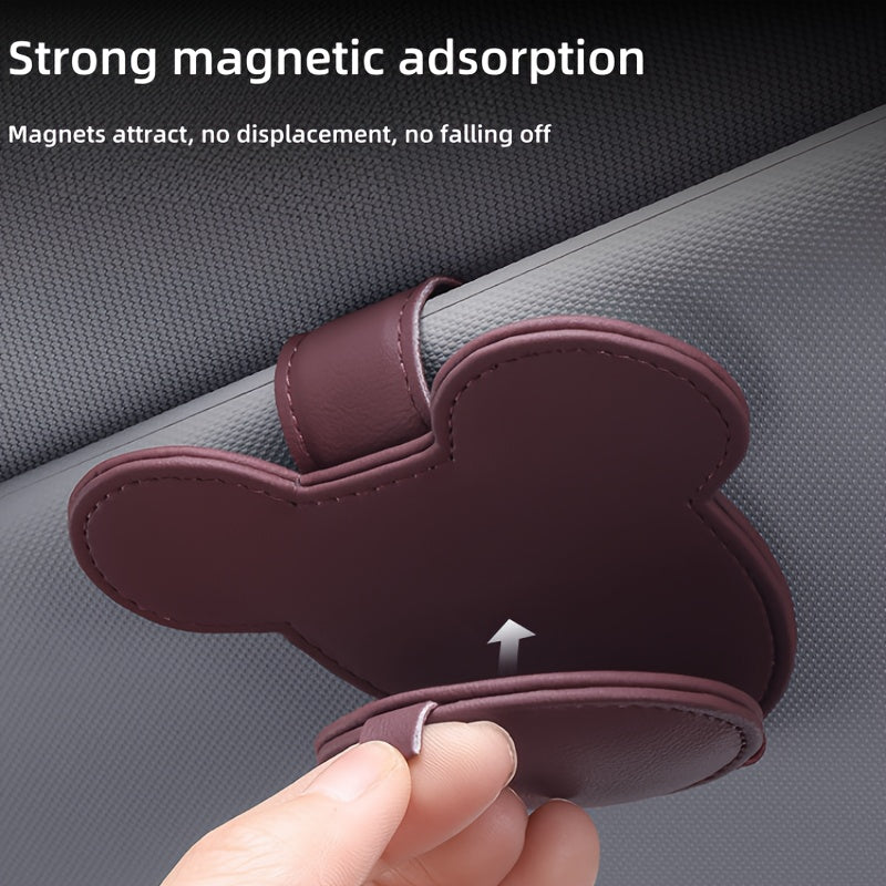 Car Sun Visor Card Holder Leather Clips Red Mouse Design Compact Organizer