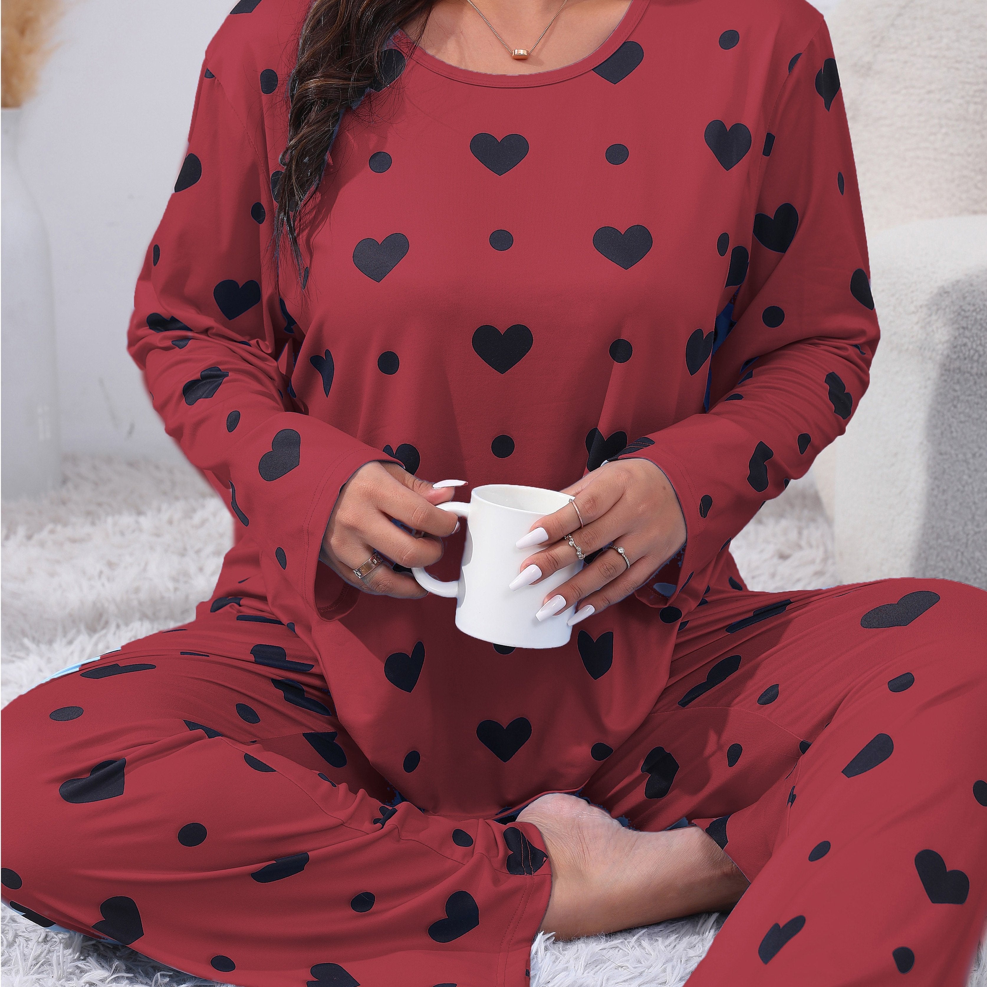 Plus Size Women's Pajama Set Long Sleeve Heart Print Lounge Two Piece