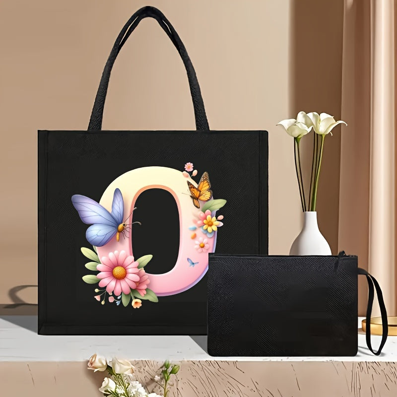 Set of 2 Floral Letter Print Canvas Tote Bags Large Handbag with Clutch Pouch