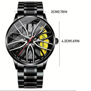 Men's Sports Watch with Car Wheel Hub Caliper Design Steel Band Luminous Hollow Dial