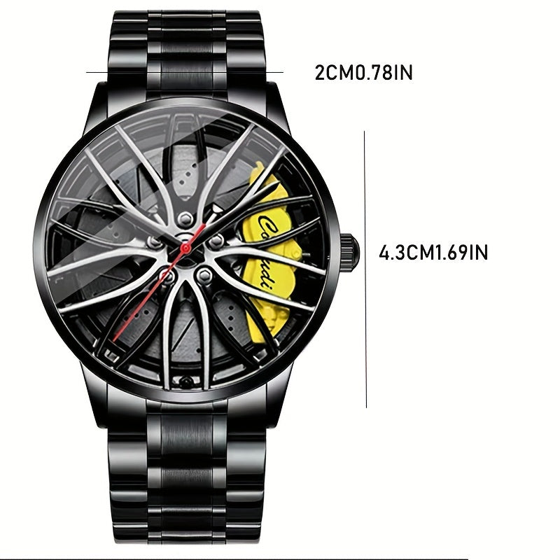Men's Sports Watch with Car Wheel Hub Caliper Design Steel Band Luminous Hollow Dial