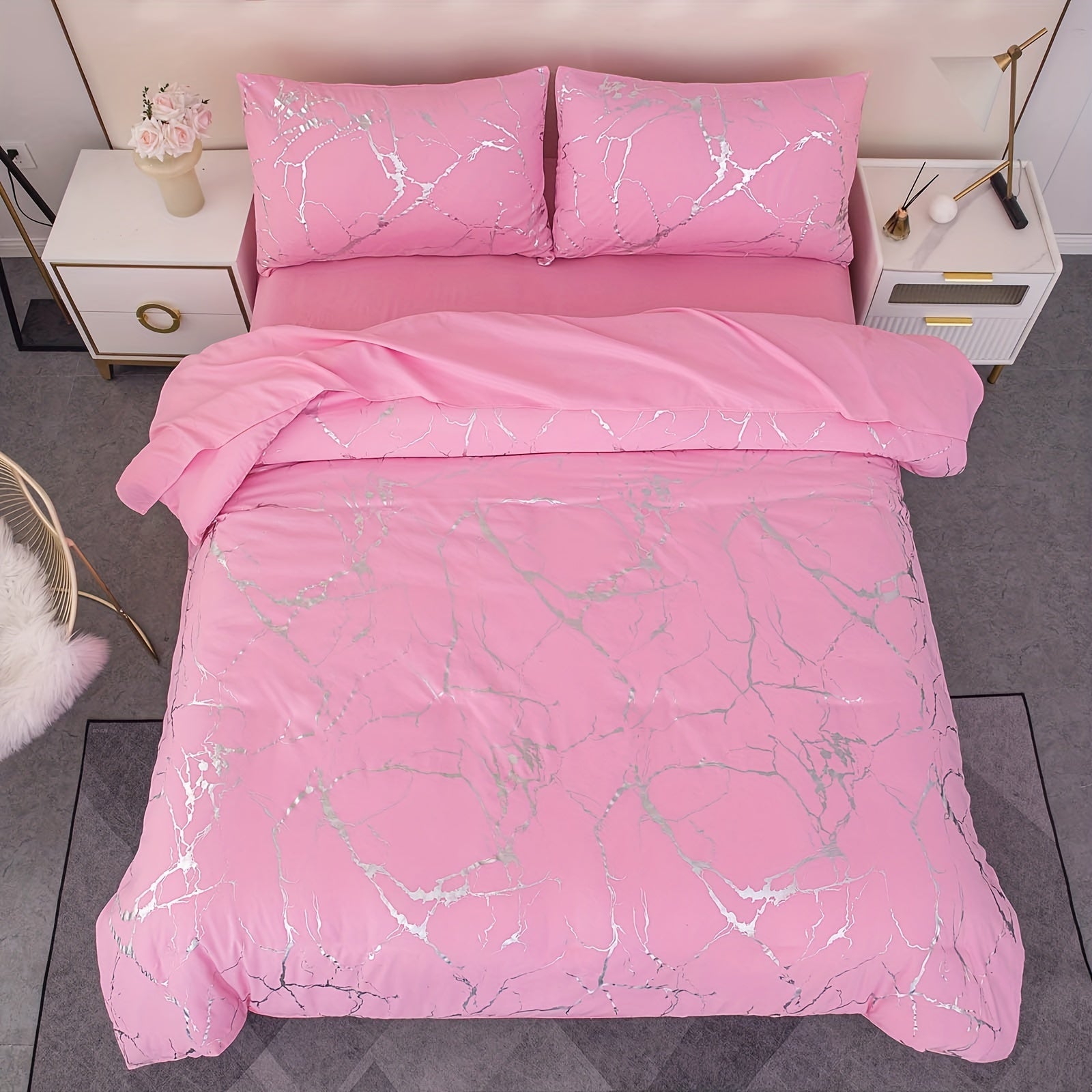 Elegant Marble Pattern Bedding Set in Pink Gray Green Blue Purple Washable Ultra-fine Fiber Duvet Cover 2-3 Piece