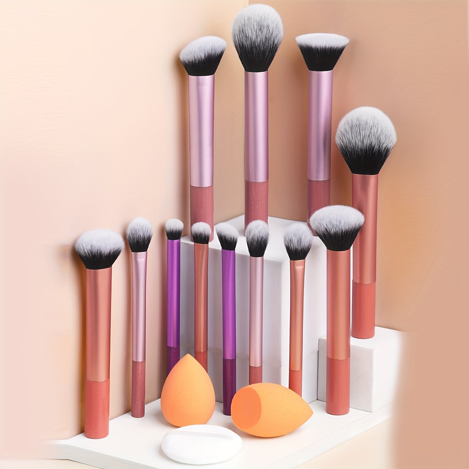 12-Piece Professional Makeup Brush Set with Nylon Bristles, Palm Brushes, Sponges and Powder Puff