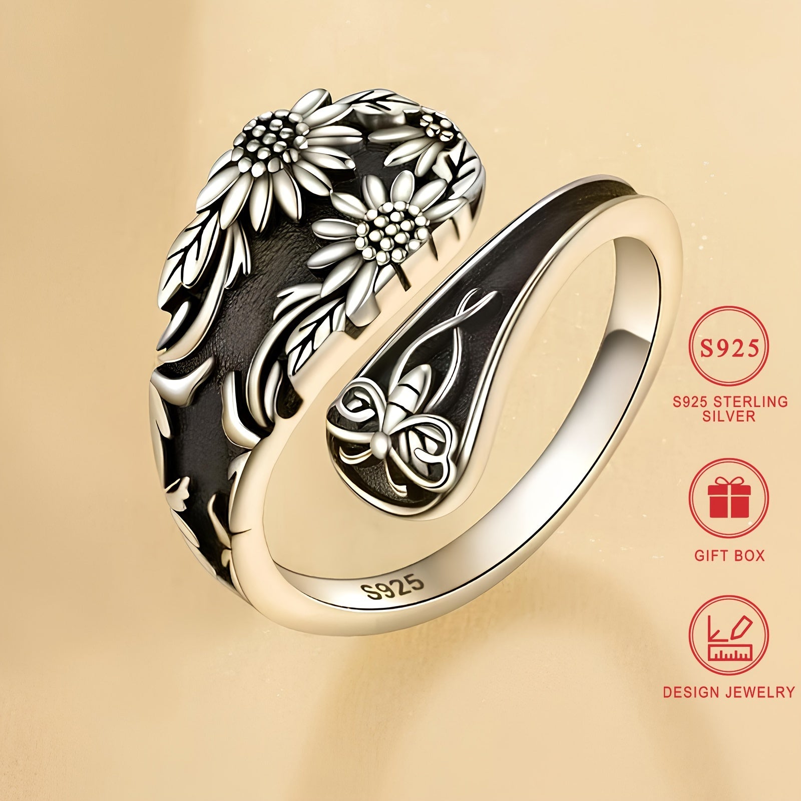 "Sterling Silver qoshiq halqa, quyosh gul va chamomile dizayni - Vintage Bohemian uslubi, kapalak va gullar o'yilgan, gippoallergen, sovg'a qutisi bilan birga - Onalar kuni va har kuni kiyish uchun ideal"