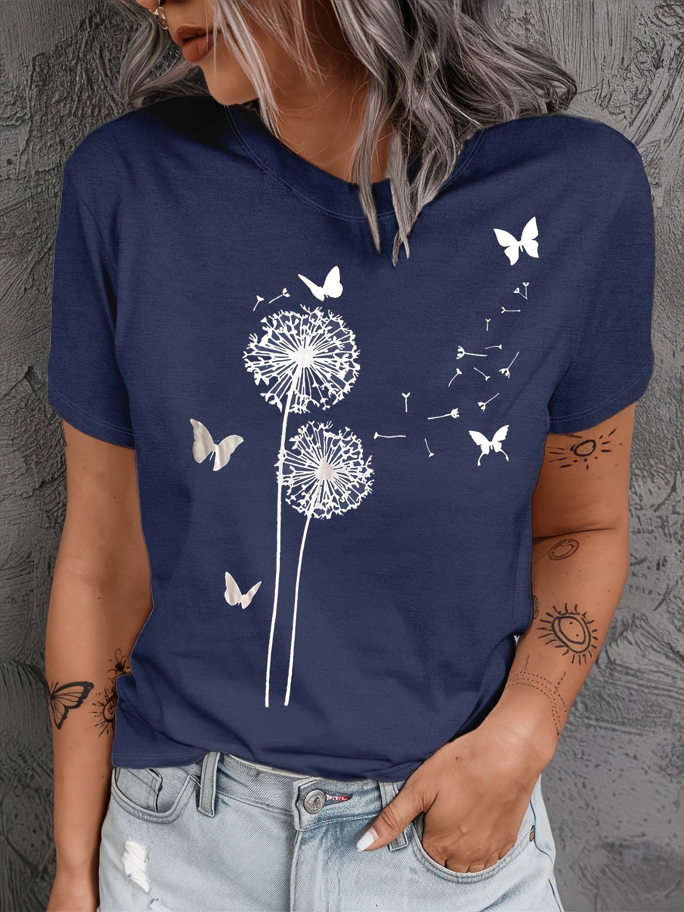 Plus Size Dandelion Print Crew Neck T-Shirt Casual Short Sleeve Spring Summer Women