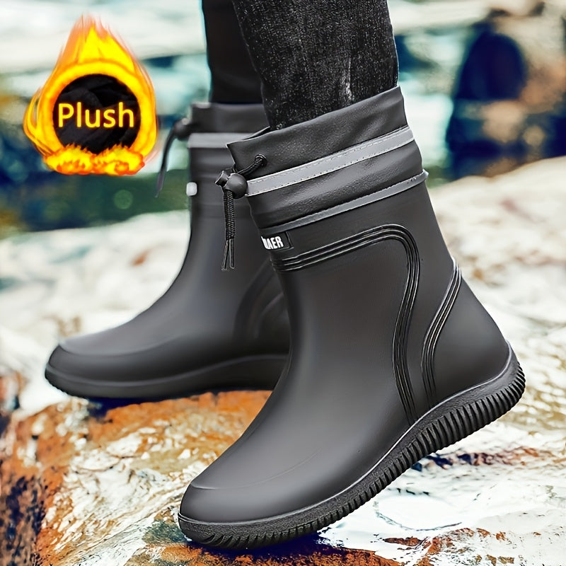 Unisex Waterproof Rain Boots with Fleece Lining Slip-Resistant for Outdoor Activities Black Gray Red Sole