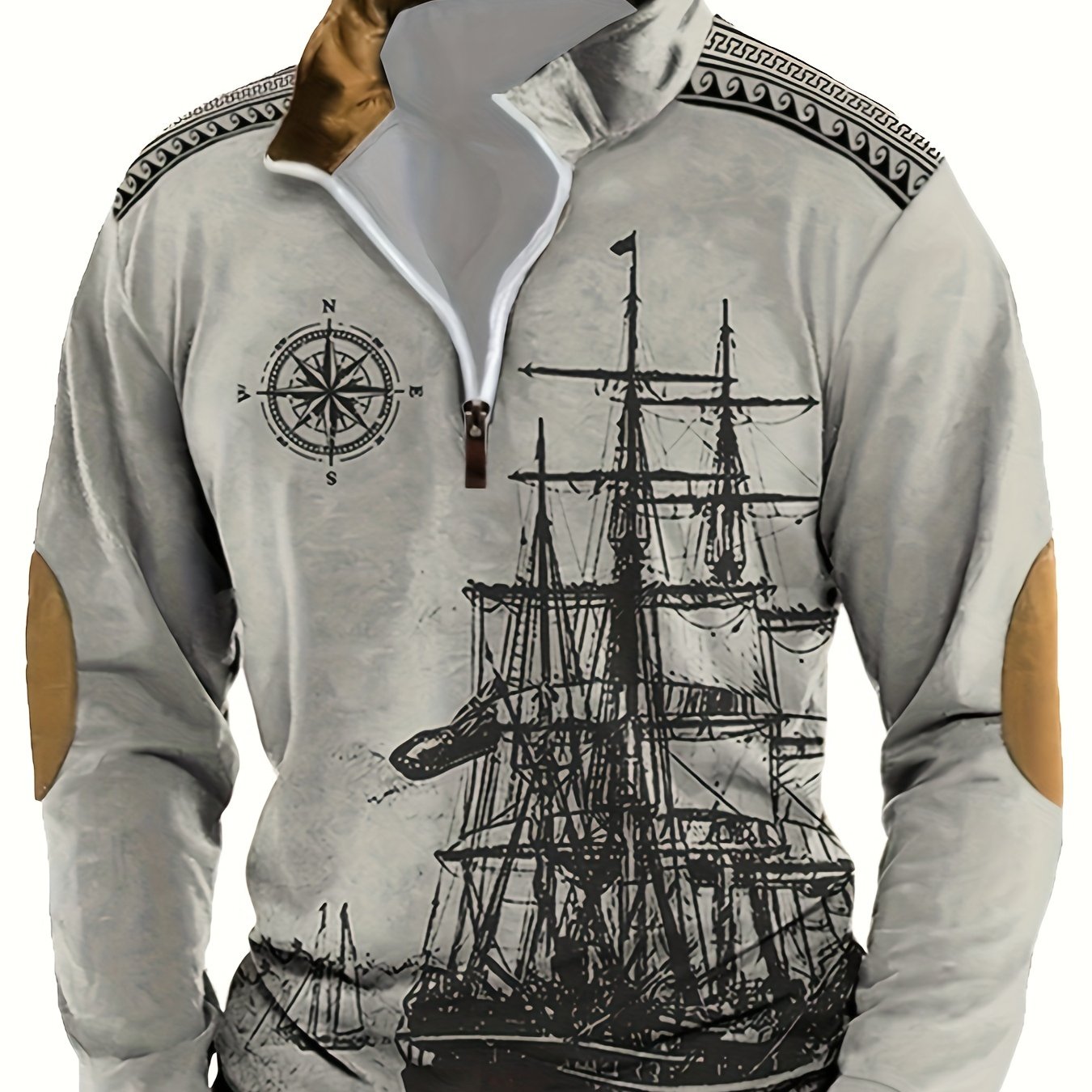 Men's Nautical Ship Print Henley Sweatshirt Polyester Fall Winter Casual Loose Fit