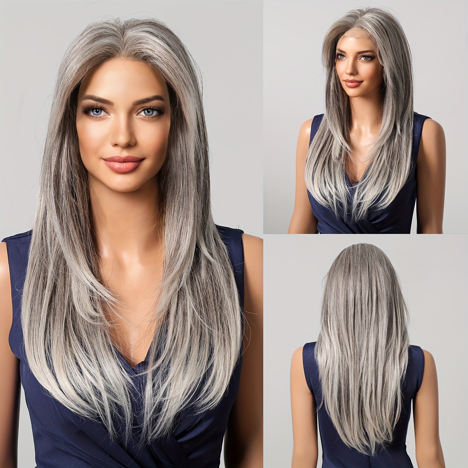 Mujer peluca recta con encaje frontal 33x15cm fibra de alta temperatura aspecto natural ajuste cómodo