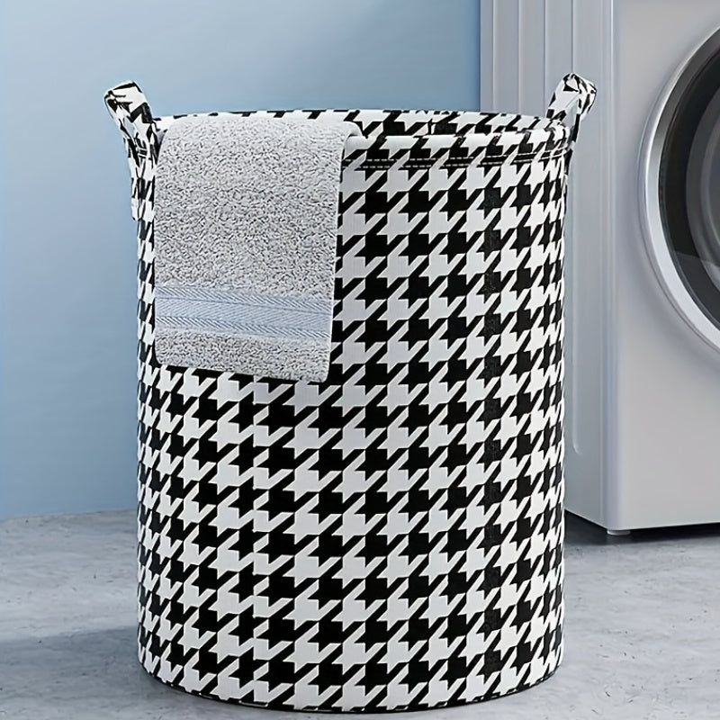 Foldable Houndstooth Laundry Hamper with Handles Polyester Storage Basket for Bedroom Bathroom Living Room